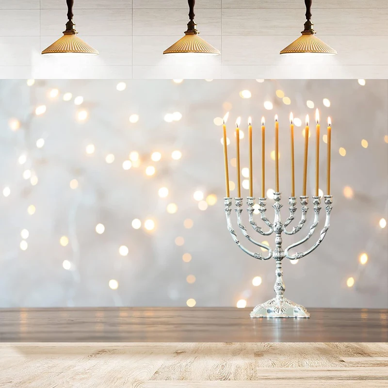 

Happy Hanukkah Photography Backdrop Menorah Silver White Glitter Bokeh Lights Chanukah Holiday Decorations Banner Background