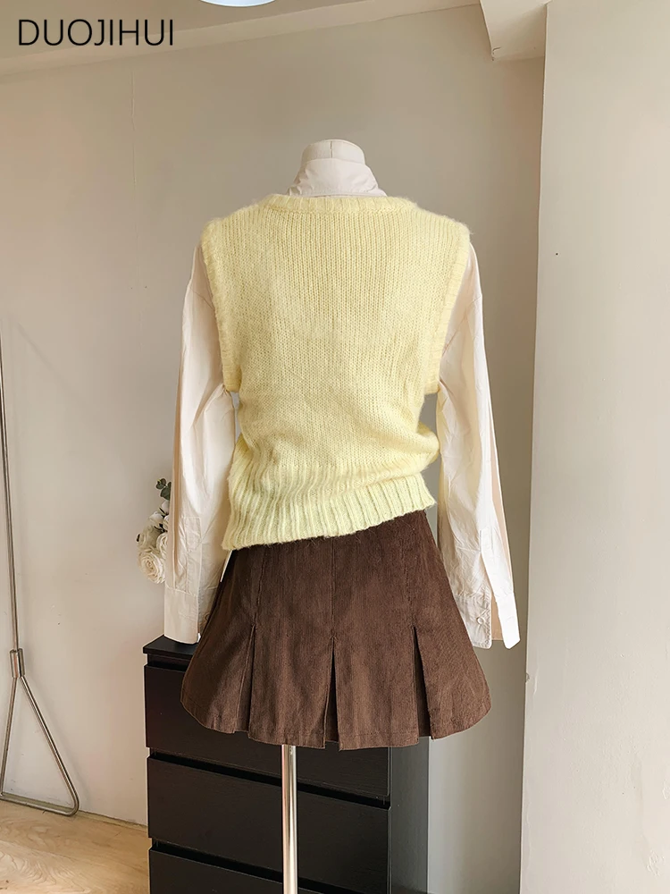 DUOJIHUI Sweet Three-piece Chic High Waist Female Skirt Summer Simple Shirt Fashion Vest Basic Zipper Casual A-line Women Skirts