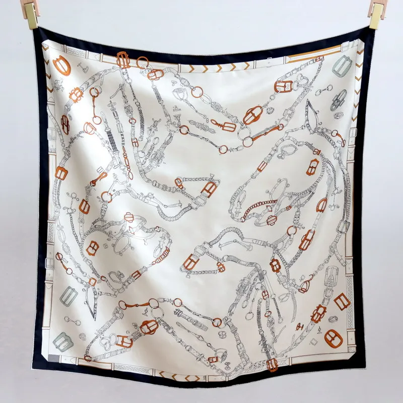 High-end Elegant Women Beautiful Horse Chain Print Quality 14MM Twill Silk Hand Rolled Edge Versatile Large Square Scarf Shawl