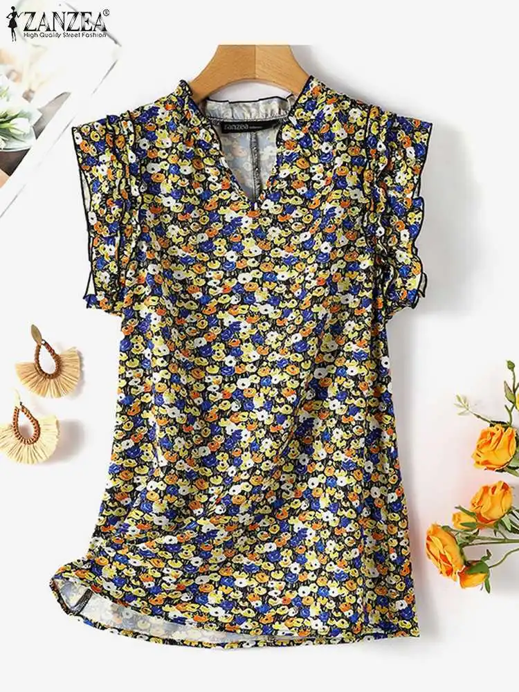 ZANZEA-camisetas sin mangas con estampado Floral para mujer, blusa informal sin mangas, camisas elegantes con cuello en V, chaleco de gran tamaño para fiesta y vacaciones