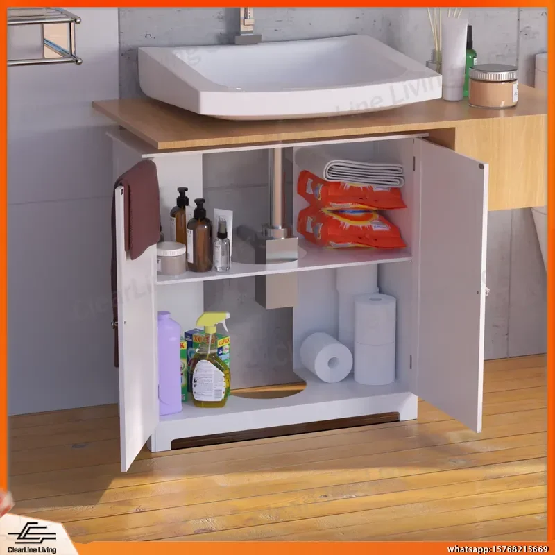 Waterproof Under Sink Bathroom Cabinet with 2 Doors Adjustable Shelf White Wooden Storage Cupboard for Lab Office Workshop
