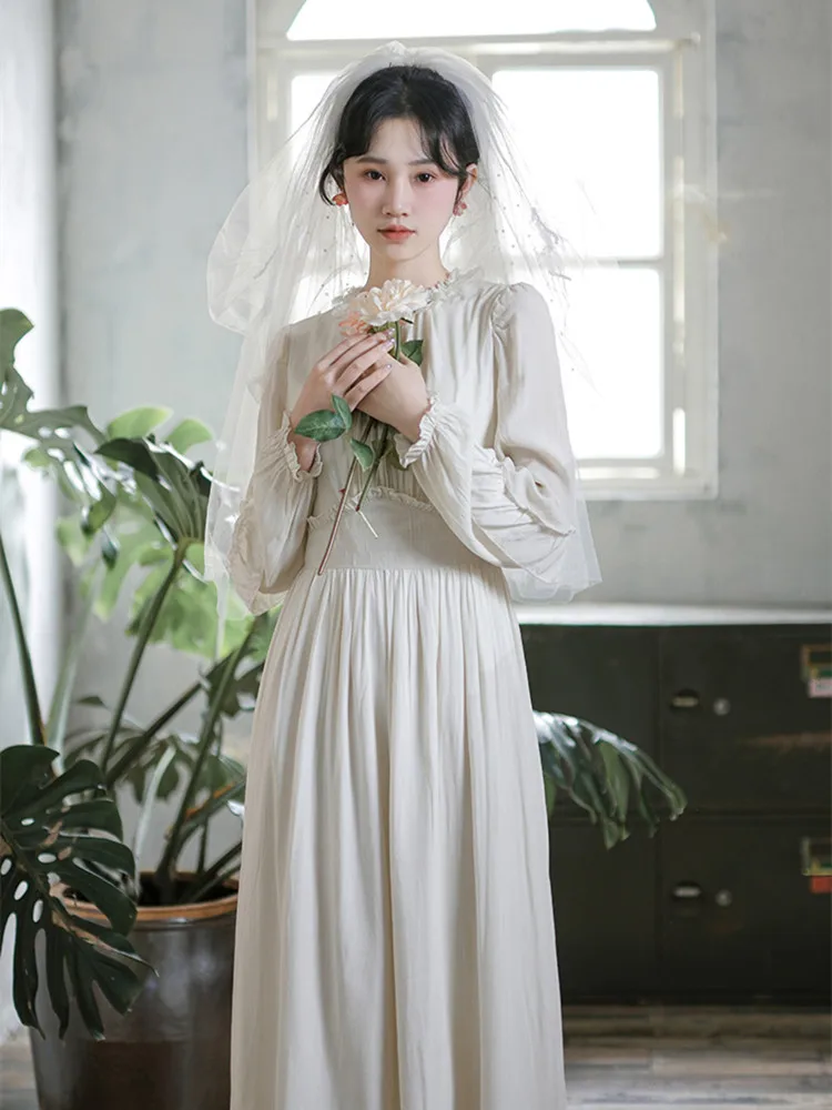 

AIGYPTOS Off-White Dress Women Vintage Elegant Slim Lace Collar Long Sleeve Spring Maxi Dress Korean Fashion Party Wedding Dress