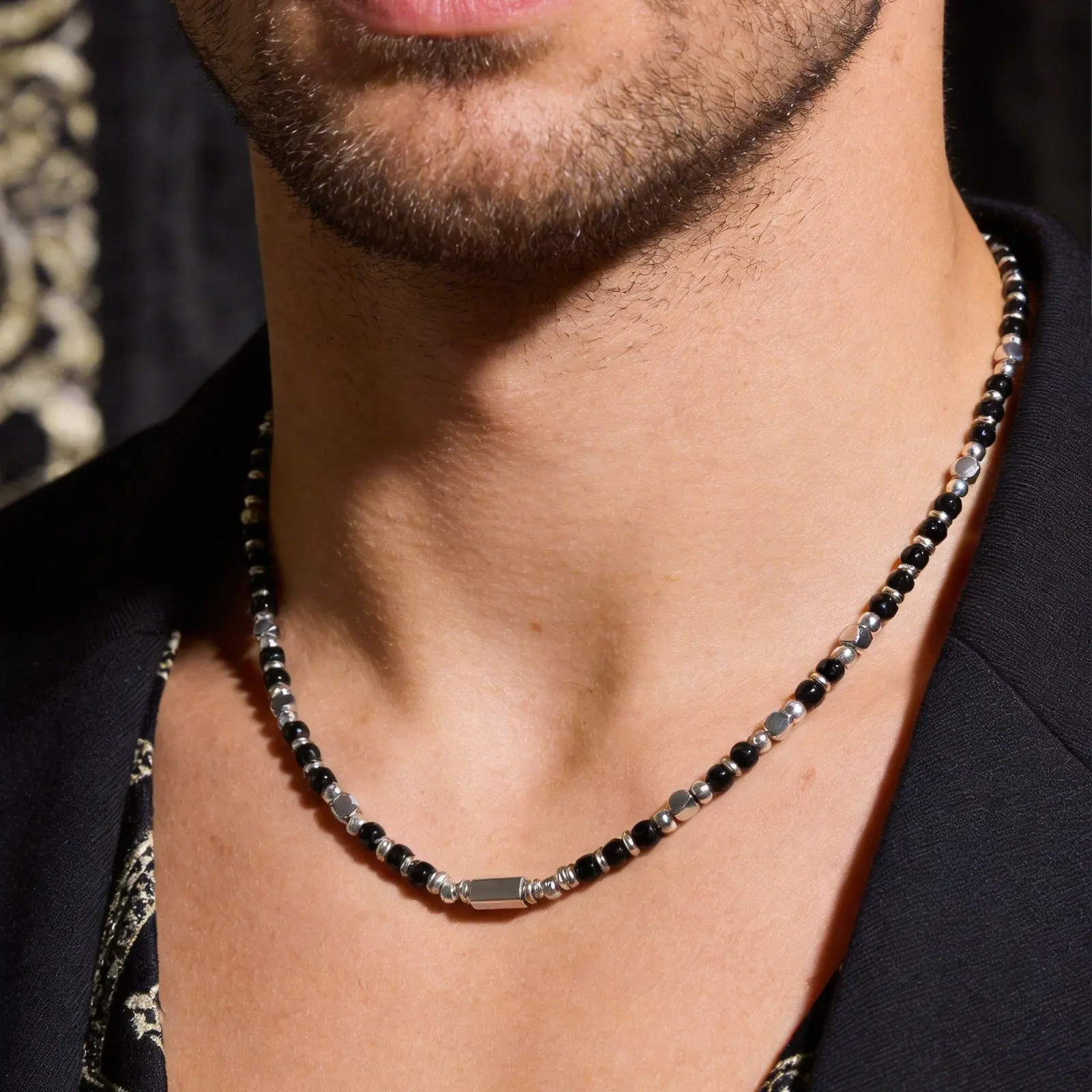 Trendige Herren-Halskette mit Natursteinperlen, klassischer, einzigartiger Edelstahl-Metallperlen-Choker, Boho-Schmuckgeschenk für Sohn und Vater – Detail 9