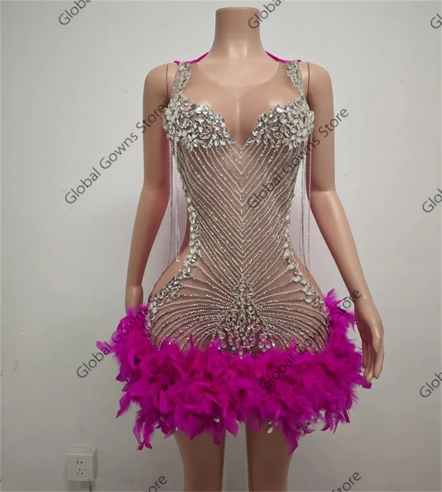 Luxurious Feather Mini Cocktail Homecoming Dresses for Girls Rhinestones Sweetheart Party Gowns Customised Plus Size