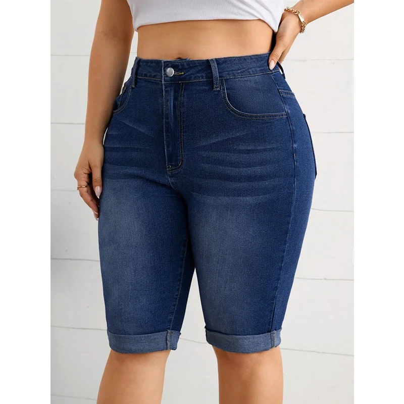 Benuynffy Plus Size Vintage Mid Waisted Rolled Hem Pencil Jeans Women Summer Washed Blue Stretch Denim Half Pants Streetwear view 4