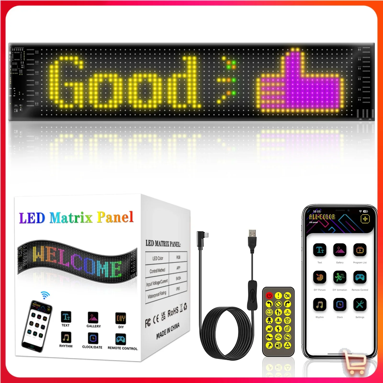 Imagem -06 - Painel Led Pixel Matrix com Controle Remoto App Multilíngue Programável Faça Você Mesmo Rolagem Sinais Publicitários Usb Flexível 5v Exibição do Carro