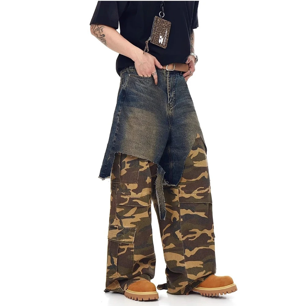 

Men's Camouflage Stitching Overalls Trousers American Retro Fashion Trend Street Hip-Hop Loose Casual Niche Summer Men's Bottoms