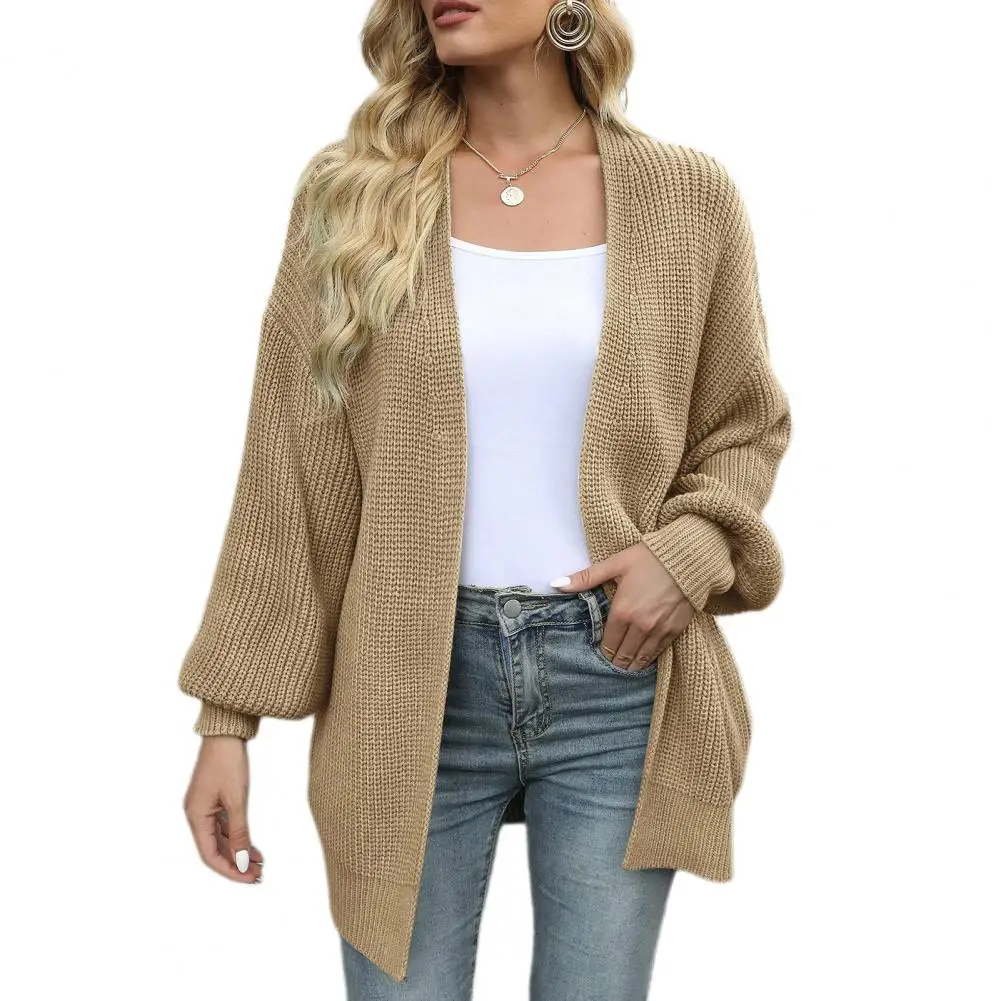 

Solid Color Cardigan Stylish Women's Collarless Lantern Sleeve Sweater Coat Solid Color Loose Fit Outwear with Open Front