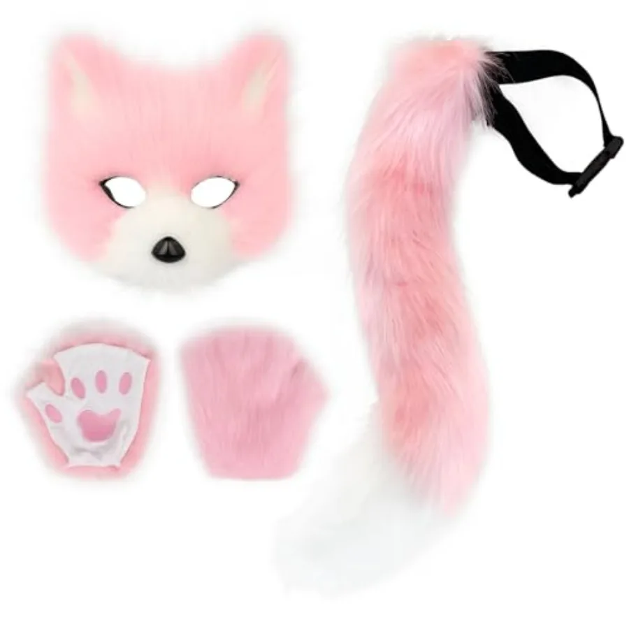 

Adolala Faux Fur Tail Cat Wolf Set Plush Mask Fluffy Paw Gloves Halloween Christmas Party for Women
