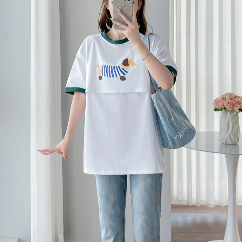 

Maternity Mother Nursing Cotton Tees Breastfeeding Pregnancy Round Neck Short Sleeve Out Wear Nursing T-Shirt