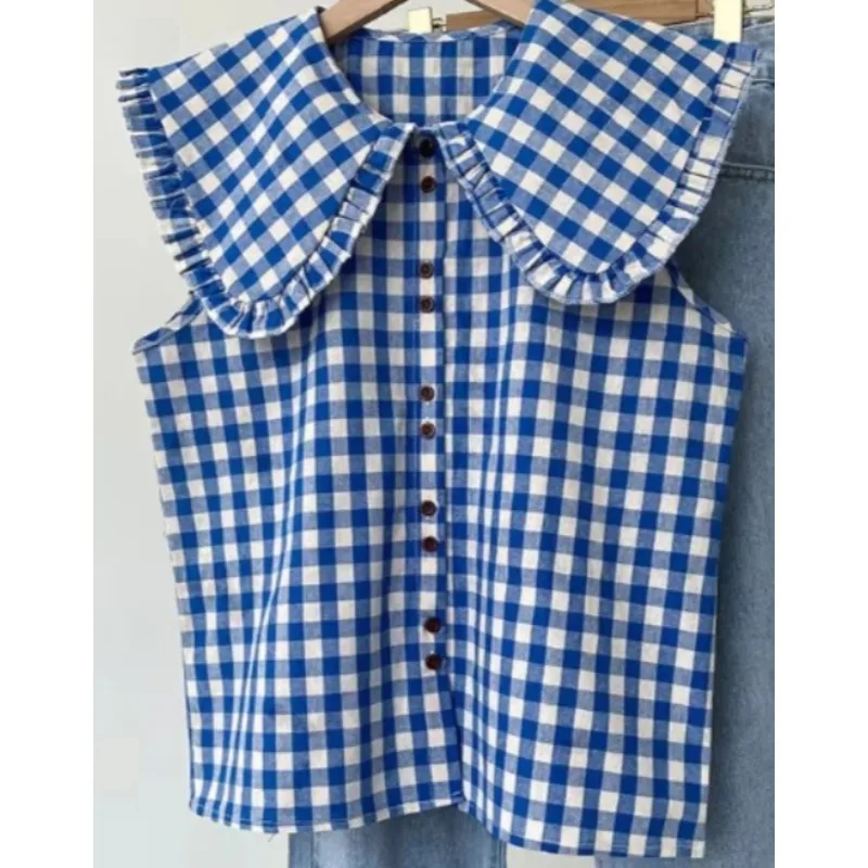 FallenVex StoreY2K Women Blue Plaid Sleeveless Blouse French Ruffled Doll Collar Summer Loose Sweet Casual Daily Button‑Up