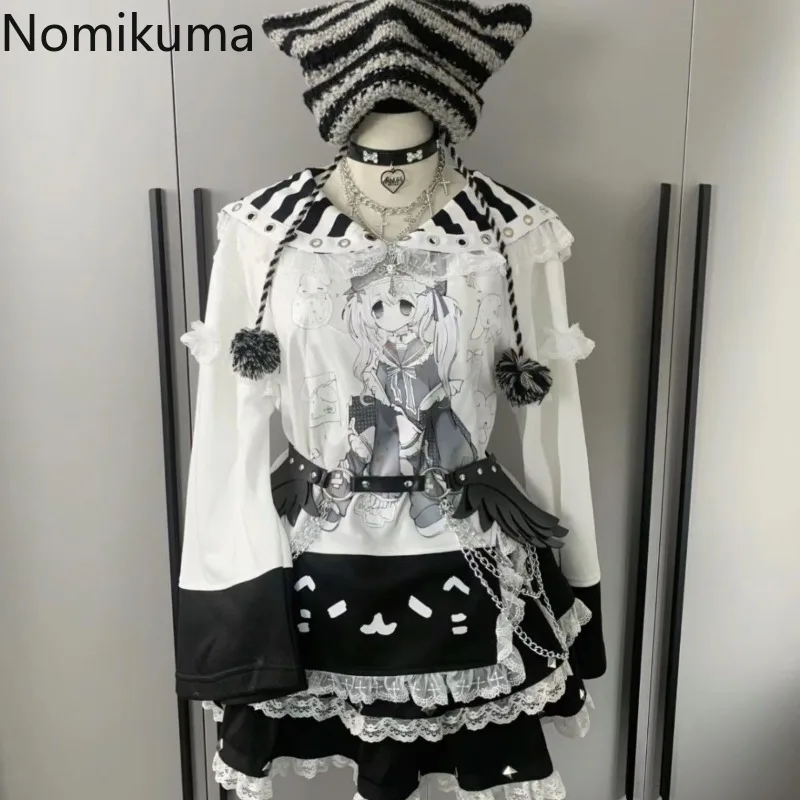 اليابانية تي شيرت ملابس حريمي Y2k بلايز بحار طوق كم طويل فضفاض الكرتون تيز موضة Camisetas أنيمي طباعة لطيف التي شيرت