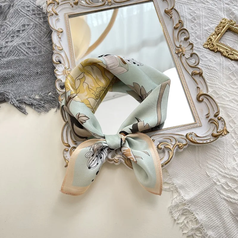 

Women 100% MULBERRY SILK Small Square Scarf Vintage Morandi Floral Peony Satin Bandan Neck Scarf Bag Handle Hair Accessories
