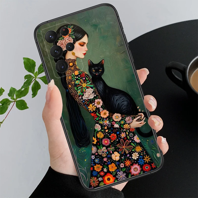 Woman and Cat Art Phone Case For Samsung Galaxy A35 A55 A54 A15 A25 A05s A05 A22 A24 A52 A33 A34 M34 M14 M54 M23