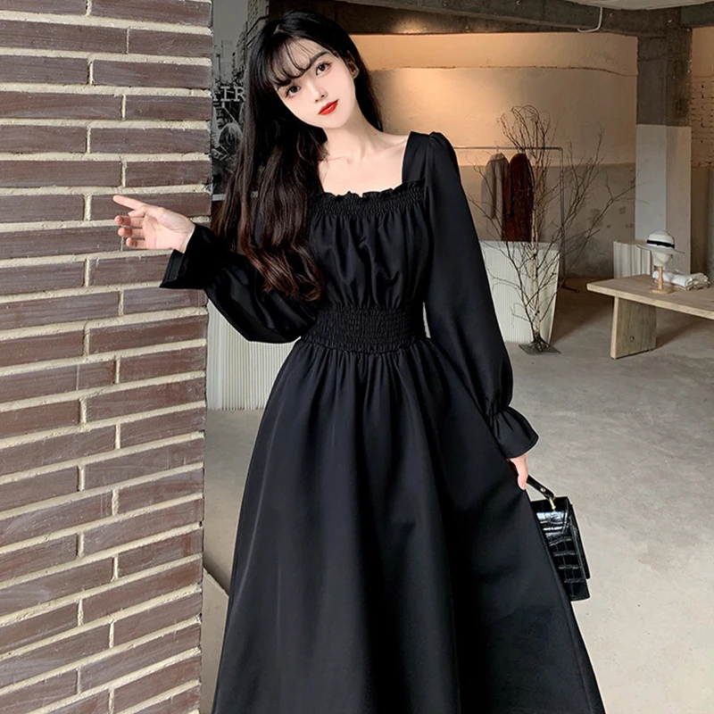 Women Black Folds Elegant Long Dress Retro Loose Sweet Square Collar Female Dress Spring Autumn All Match Casual Ladies Vestidos