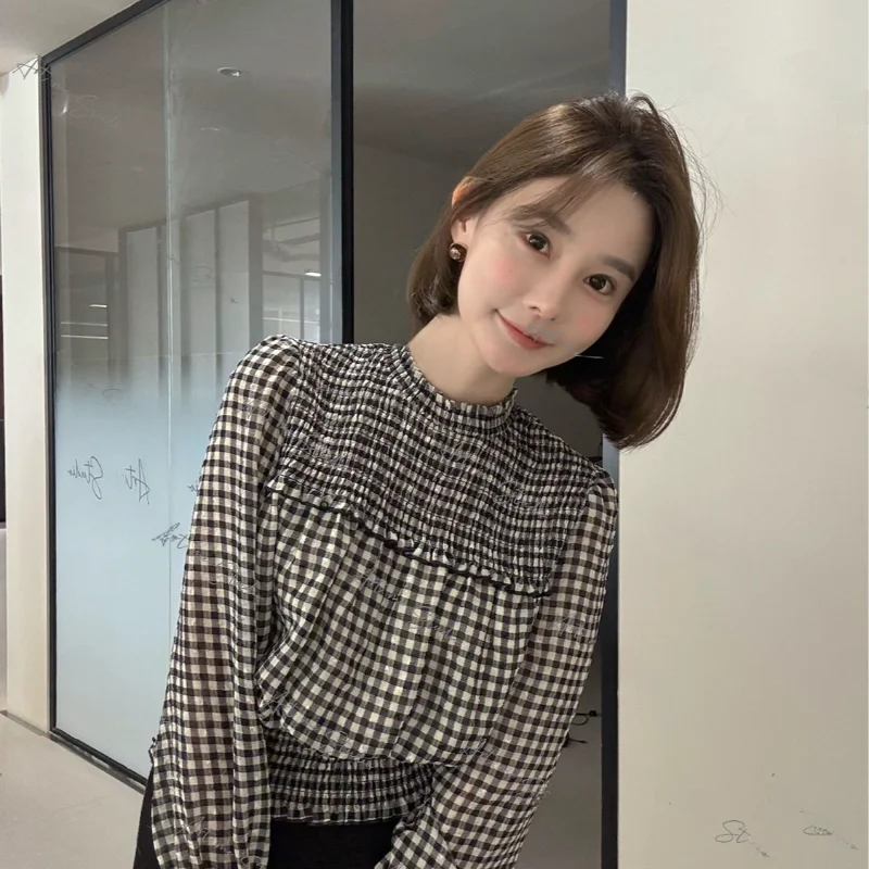 

Romantic Plaid High Waist Bell Sve irt Women's Commute Sle Slim Fit Polyester Fiber Long Sve Anti Wrinkle irt