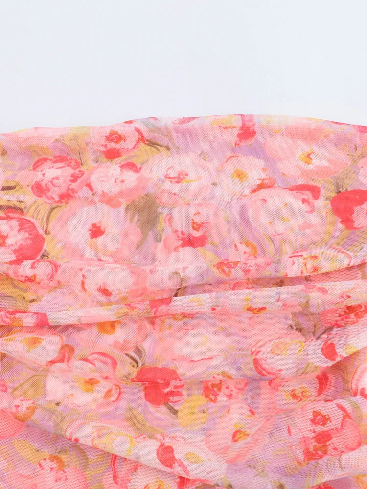 KAOPU ZA Women with ruffles draped printed tulle fitted midi dress vintage straight neck off-the-shoulder female dresses mujer