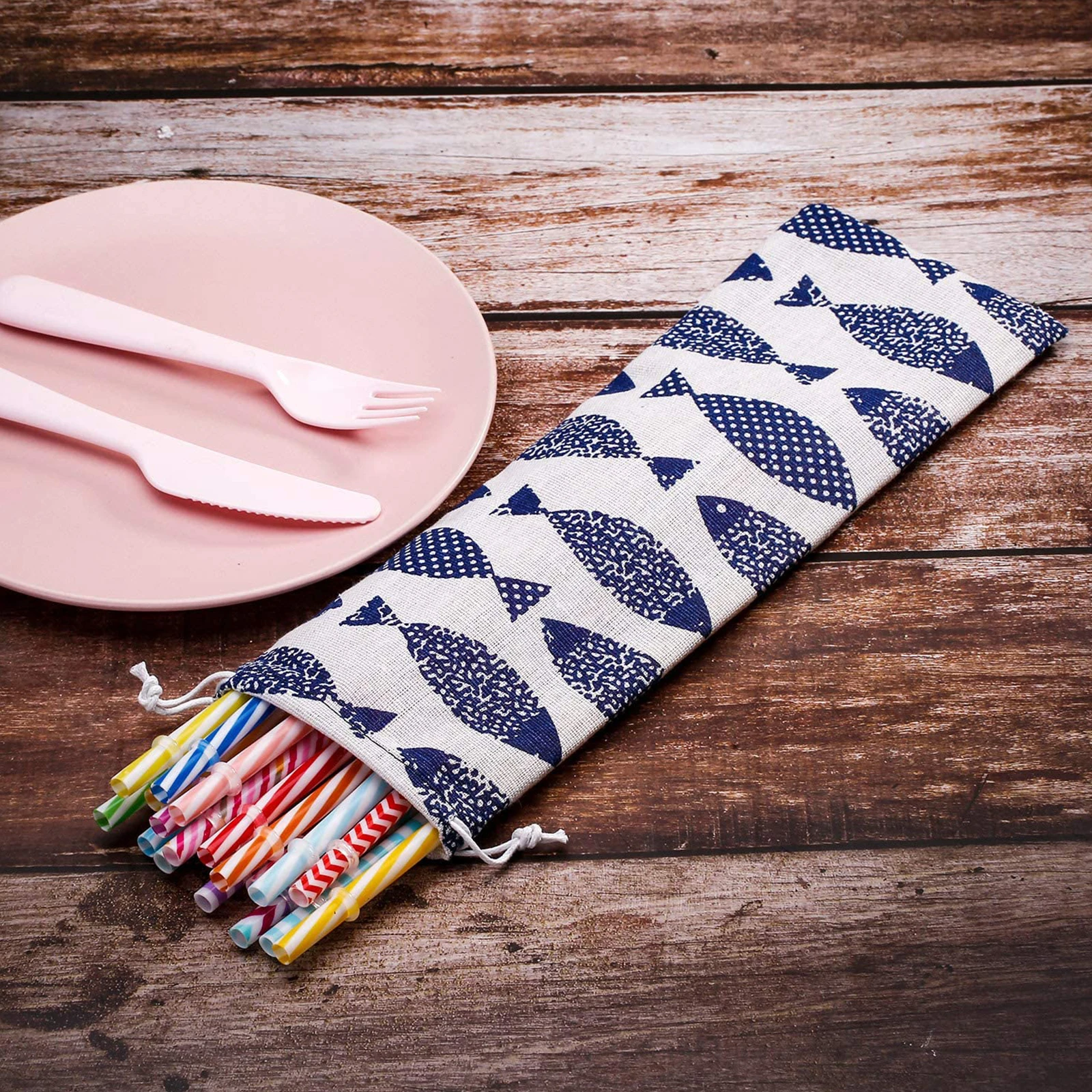 

5 Pcs Travel Cutlery Pouch Cotton Linen Straw Carrying Case Forks Drawstring Bag Spoon Storage Organizer Portable Tableware Bag
