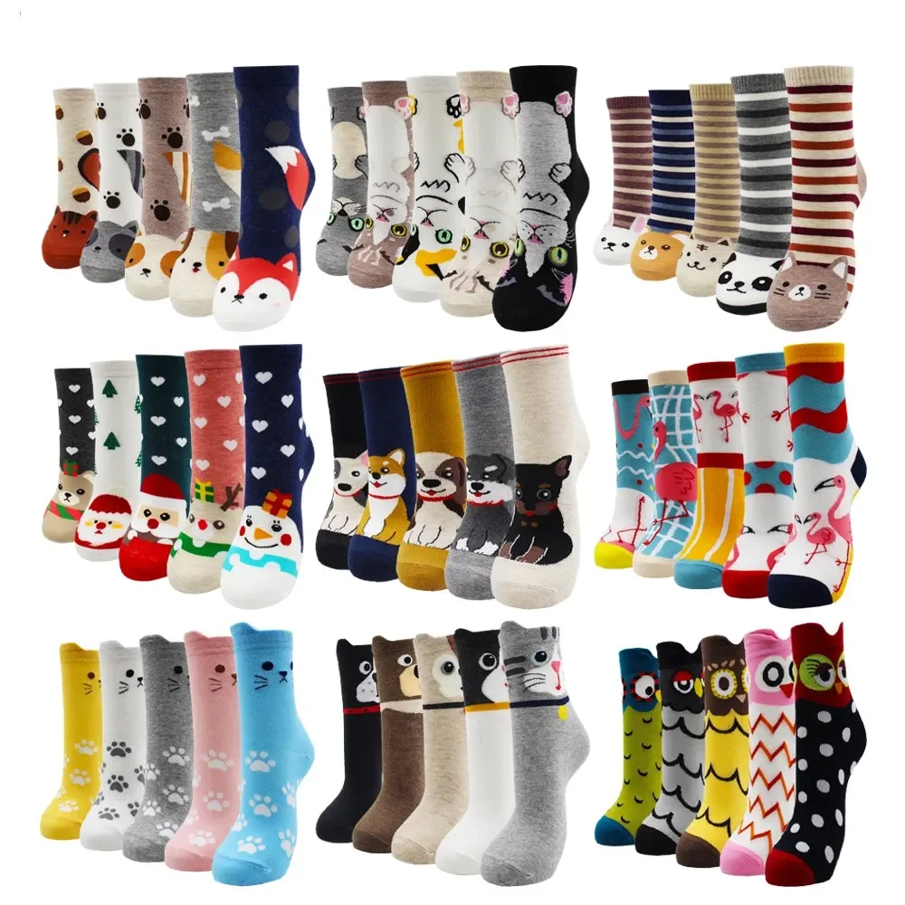 Cute Cow Dog Cat Socks Set 10Pcs=5 Pairs For Girls Boys Kawaii Korea Harajuku Funny Cartoon Animals Printed Happy Sox Soft Cozy