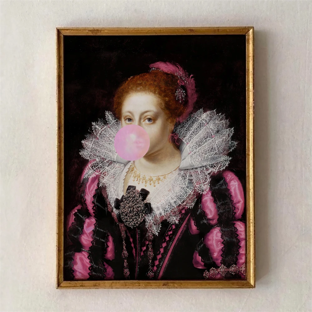 Funny Altered Art Portrait Poster Dark Academia Rococo Print Vintage Pastel Portrait Canvas Painting Bubblegum Baroque Art Print