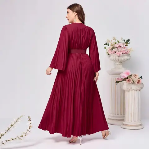 Plus Size Damklänning Elegant Enfärgad Långärmad Plisserad Djup V-ringning Lös A-linje Spetsad Höst Fest Klubb Balklänningar 8 best sales middagsklänning för plus size - №6