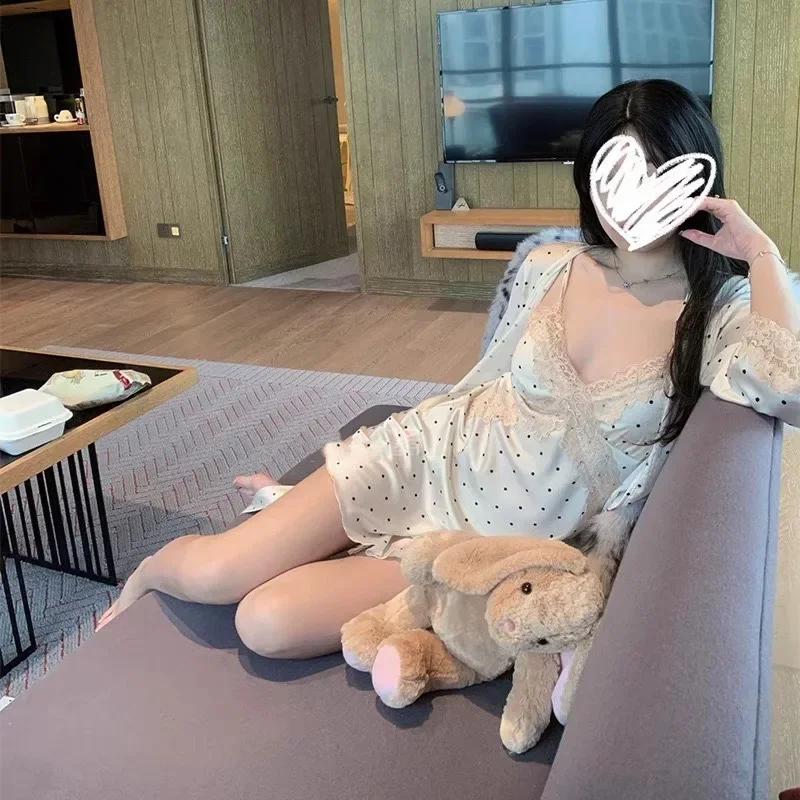 Conjunto de Pijama de Satén con Cuello en V y Encaje para Mujer, Camisón Sexy y Encantador con Tirantes y Cuello Puntiagudo, Ideal para el Hogar, NUEVO