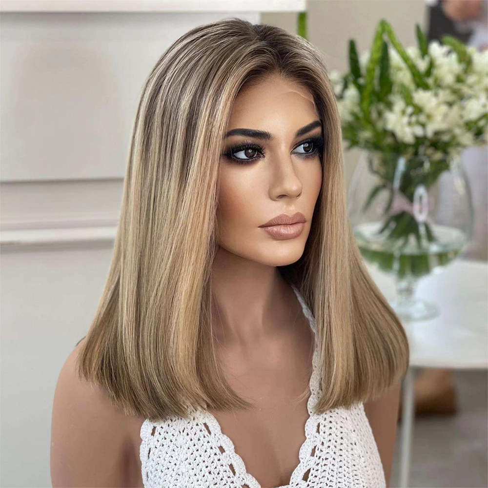 

New in Blonde Wigs Dark Blonde Balayge Synthetic Bob Wig 13x4 Hd Lace Front Wigs Rooted Short Straight Wig for Women Ready&Ship