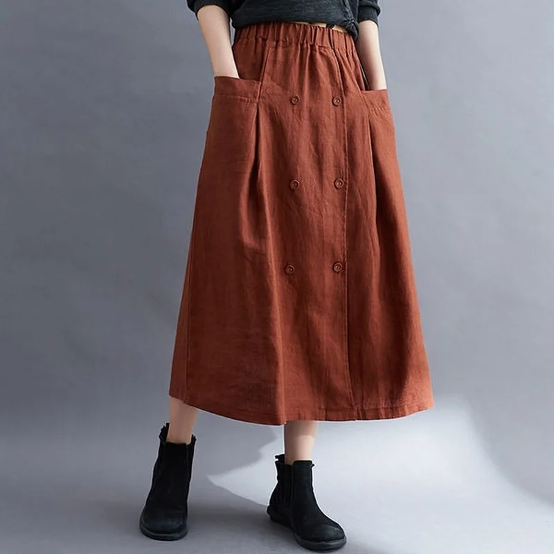 High-waisted Skirt New Vintage Cotton Button Women's Summer Midi Skirt Autumn Korean Fashion Loose A-line Skirts Womens 2026
