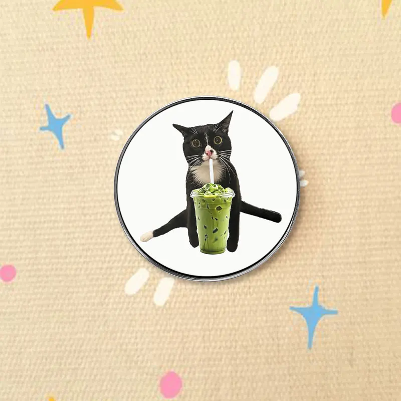 Matcha Bubble Tea Cat UV Printing Badge Meme Cat Drinking Green Drink Pin Cute Kitten Metal Brooch Gift For Cat Fans