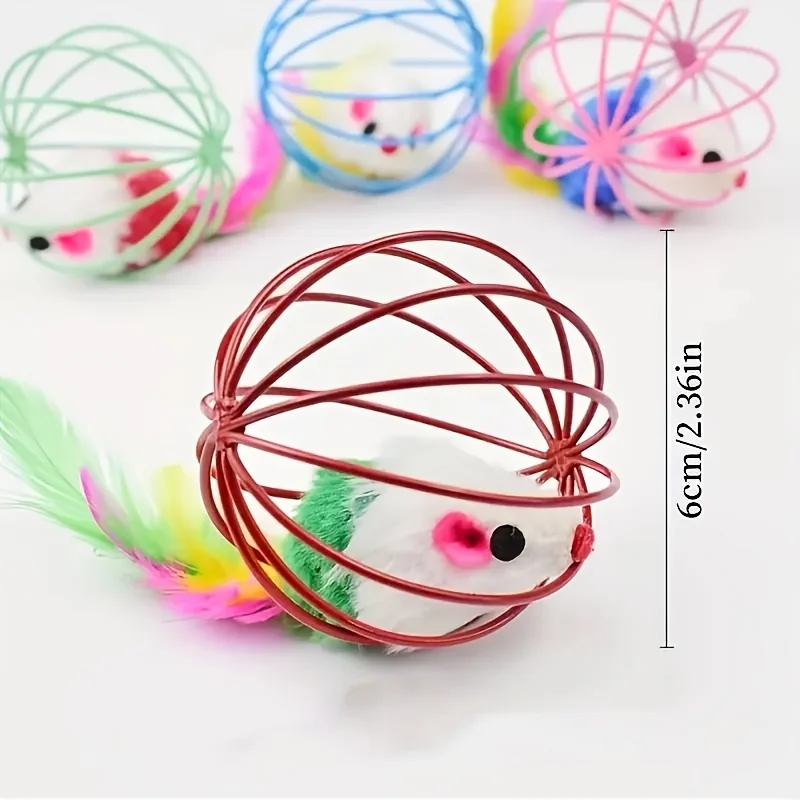 2Pcs Random Cage Mouse Cat Toys, Iron Wire Cage with Simulation Feather, Interactive Kitten Teaser Toy