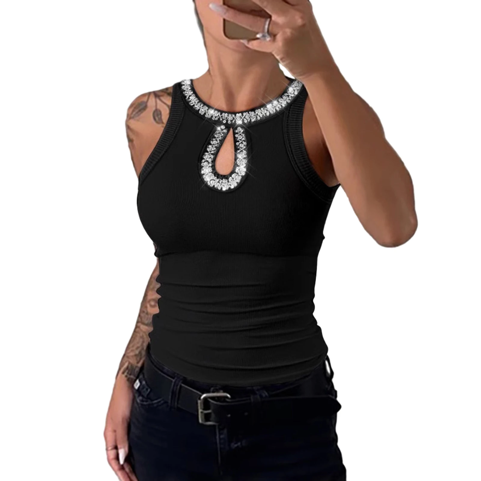 

Sexy Rhinestone Decor Tee Women Tank Tops Contrast Sleeveless Top Black Basic Classic Hollow Out Vintage T Shirts Female Clothes