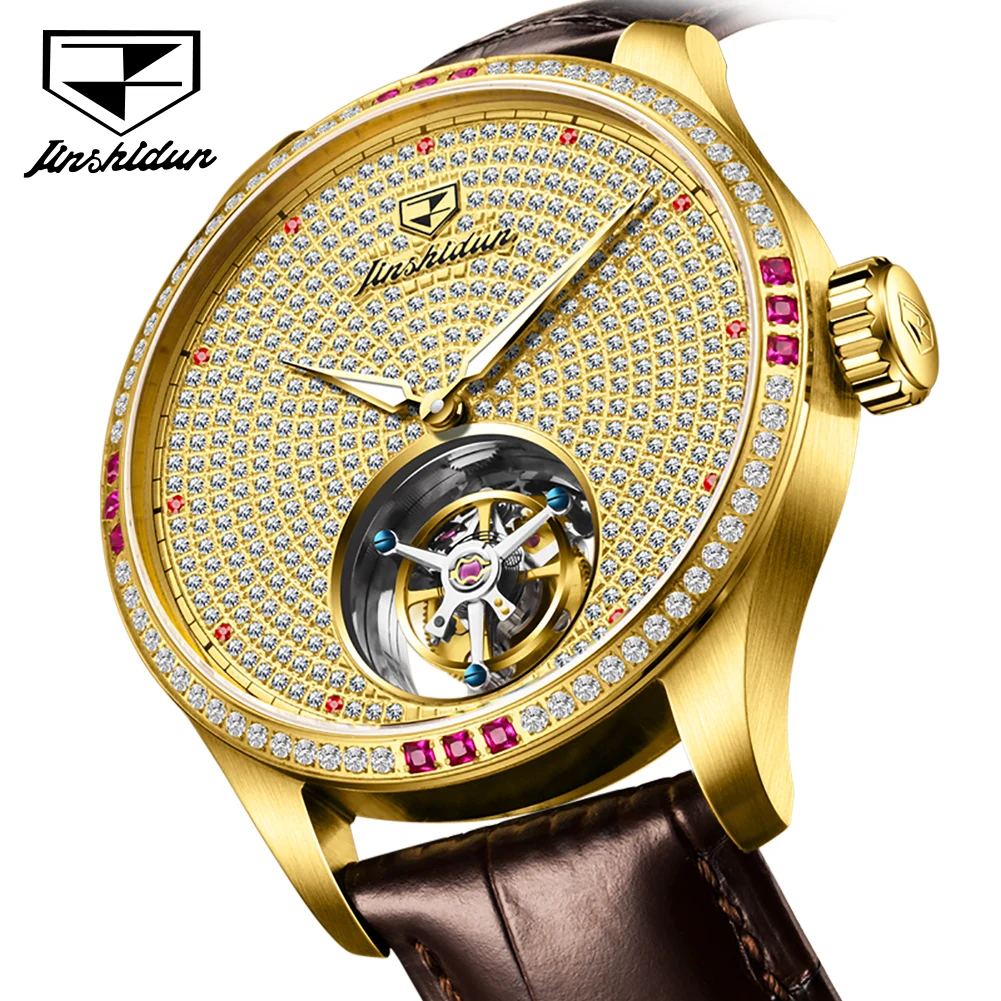 JSDUN Luxury Tourbillon Automatic Mechanical Watch for Men Genuine Leather Strap Sapphire Mirror Full Diamond Top Man Wristwatch