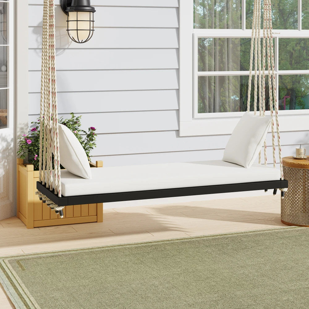 

YQXH TOPMAX Patio Wooden Swing Chair, Hanging Porch Swing Bench with Cushion&Pillows, 10.8Ft Hemp Ropes for Garden,Backyard,