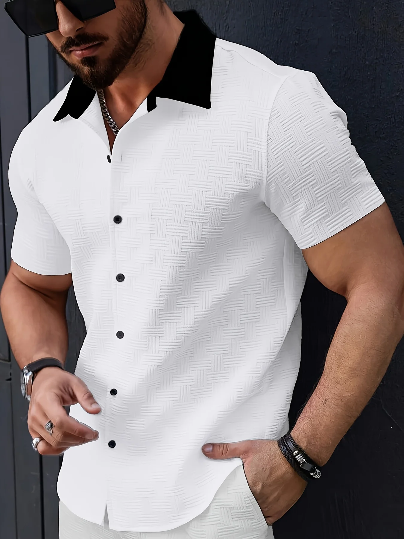 

Men's Short-Sleeve Casual Shirt, Classic Textured Hawaiian Shirt, Men's Henley Shirt, Men's Summer Short-Sleeve Top