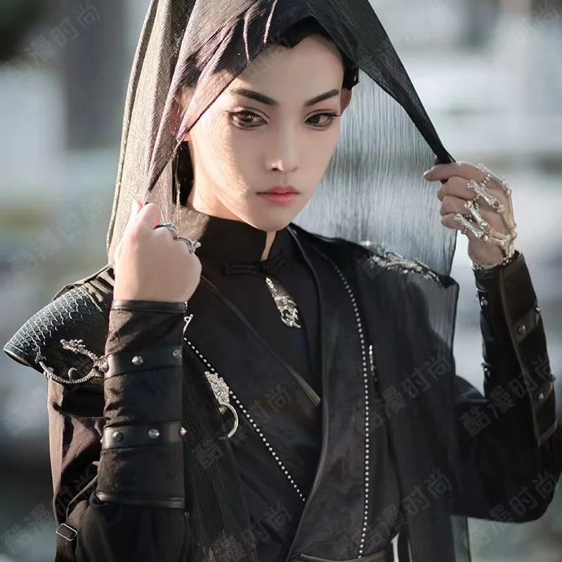 Niche Stylish Vintage Gothic Sets Men Black Swordsman Hero Cosplay Costume Festival Carnival Party Stage Outfits Chinese Hanfu