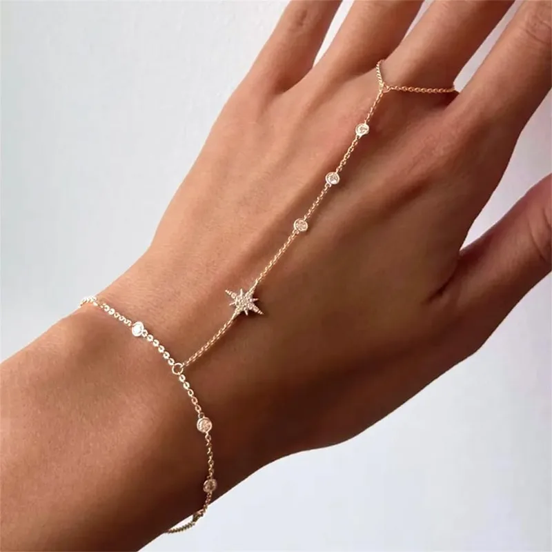 Dainty Gold Silver Rhinestone Star Wedding Hand Chain Bracelets for Brides Trendy Jewelry