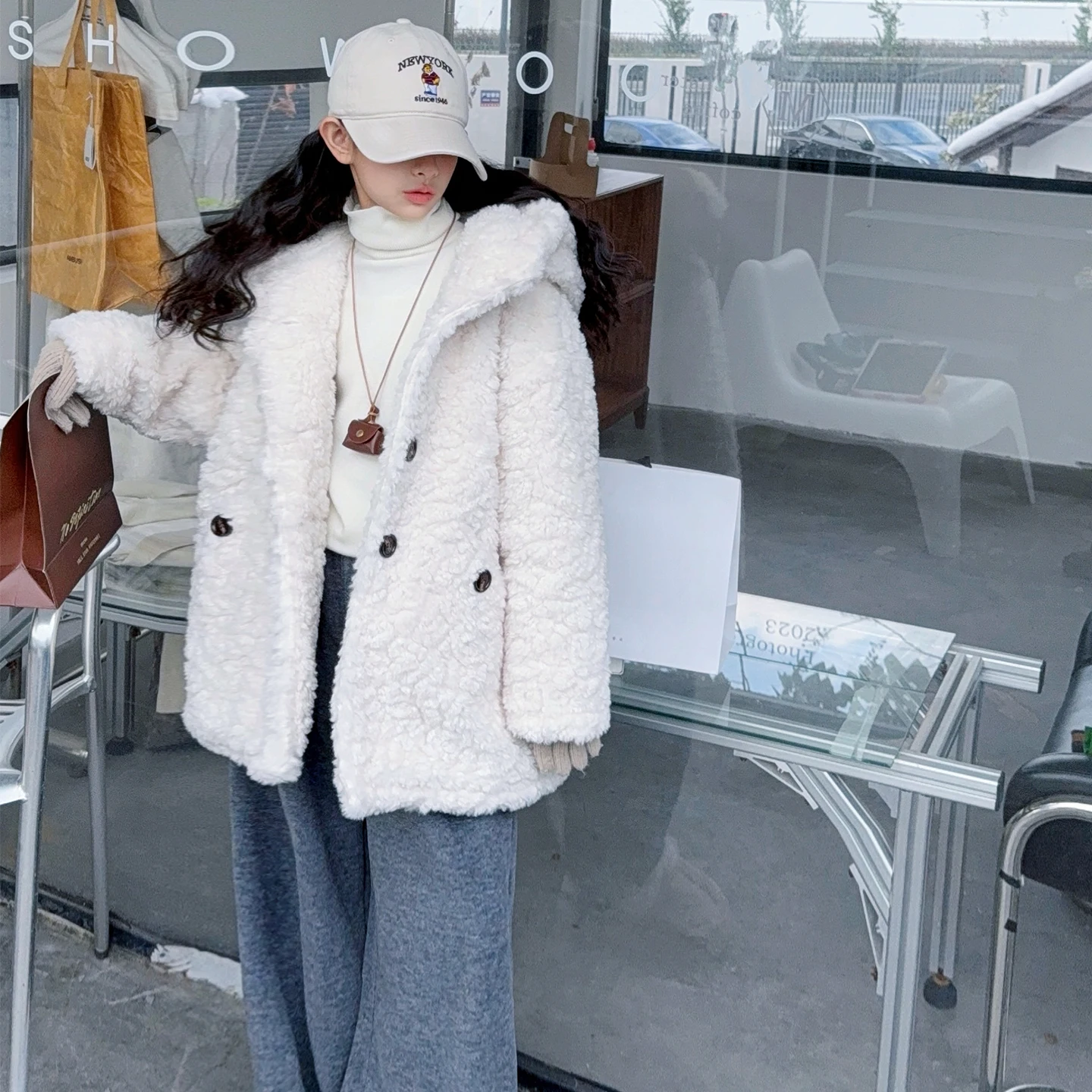 

Autumn Winter Vintage Wool Blend Long Coat Lapel Chic Long Sleeve Double Breasted Big Jacket Girl Casual Fashion Street Overcoat