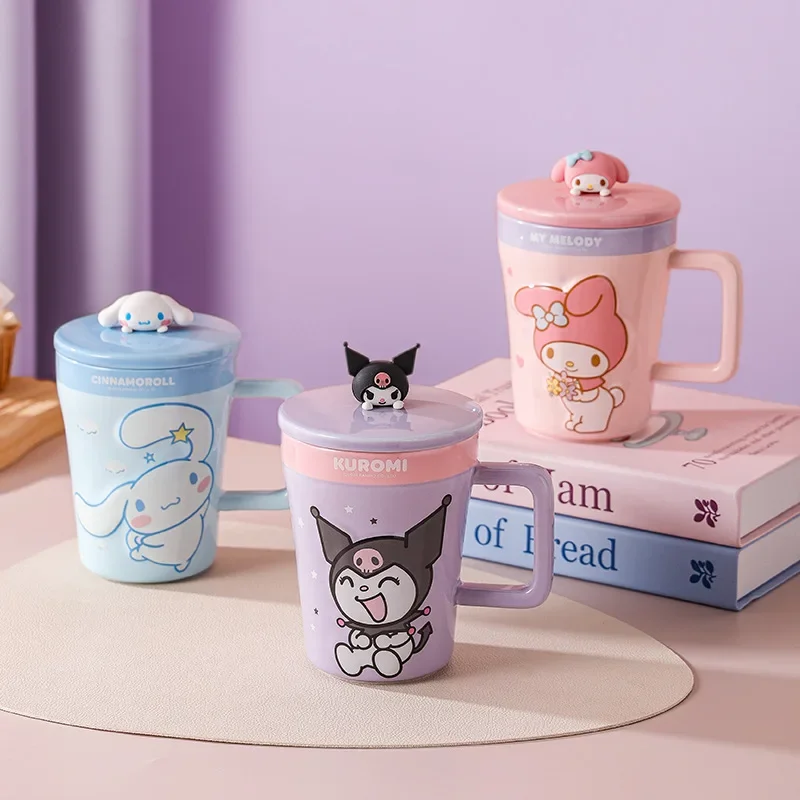 

Sanrio Kawaii My Melody Home Ceramic Mug Kuromi Cinnamoroll Anime Cartoon Exquisite Drinking Water Milk Cup Shape Spoon with Lid