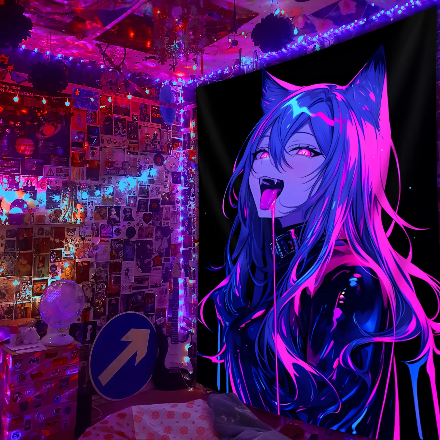 VIKAMA Anime Luminous Cat Girl Wall Tapestries Bedroom Game Room Bar Dormitory Wall Hanging Party Home Decoration