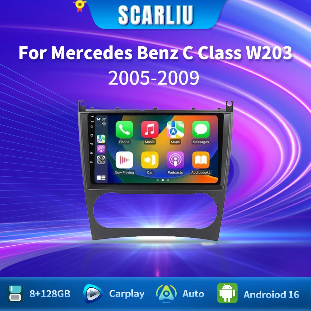 

SCARLIU Wireless CarPlay for Apple Android Auto Car Radio For Mercedes Benz C Class W203 2005-2009 C230 Navi BT DSP RDS GPS FM