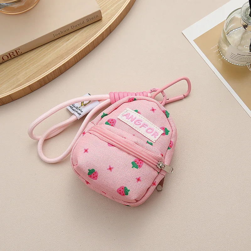 Pink Strawberry Printed Mini Coin Purse Backpack Pendant Anti Loss Key Chain Wallet Portable Multifunctional Earphone Bag