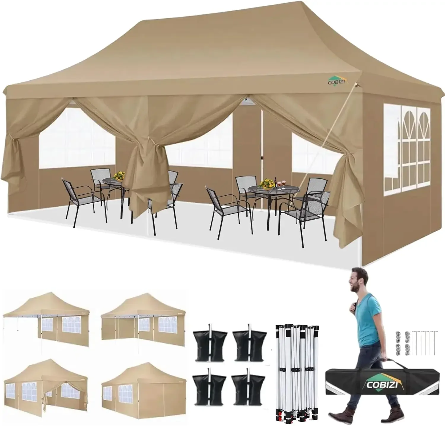 

10x20 Pop Up Canopy with 6 Sidewalls,Waterproof Instant Party Tents for Weddings & Parties, Easy Up Commercial Canopy Tent,Khaki