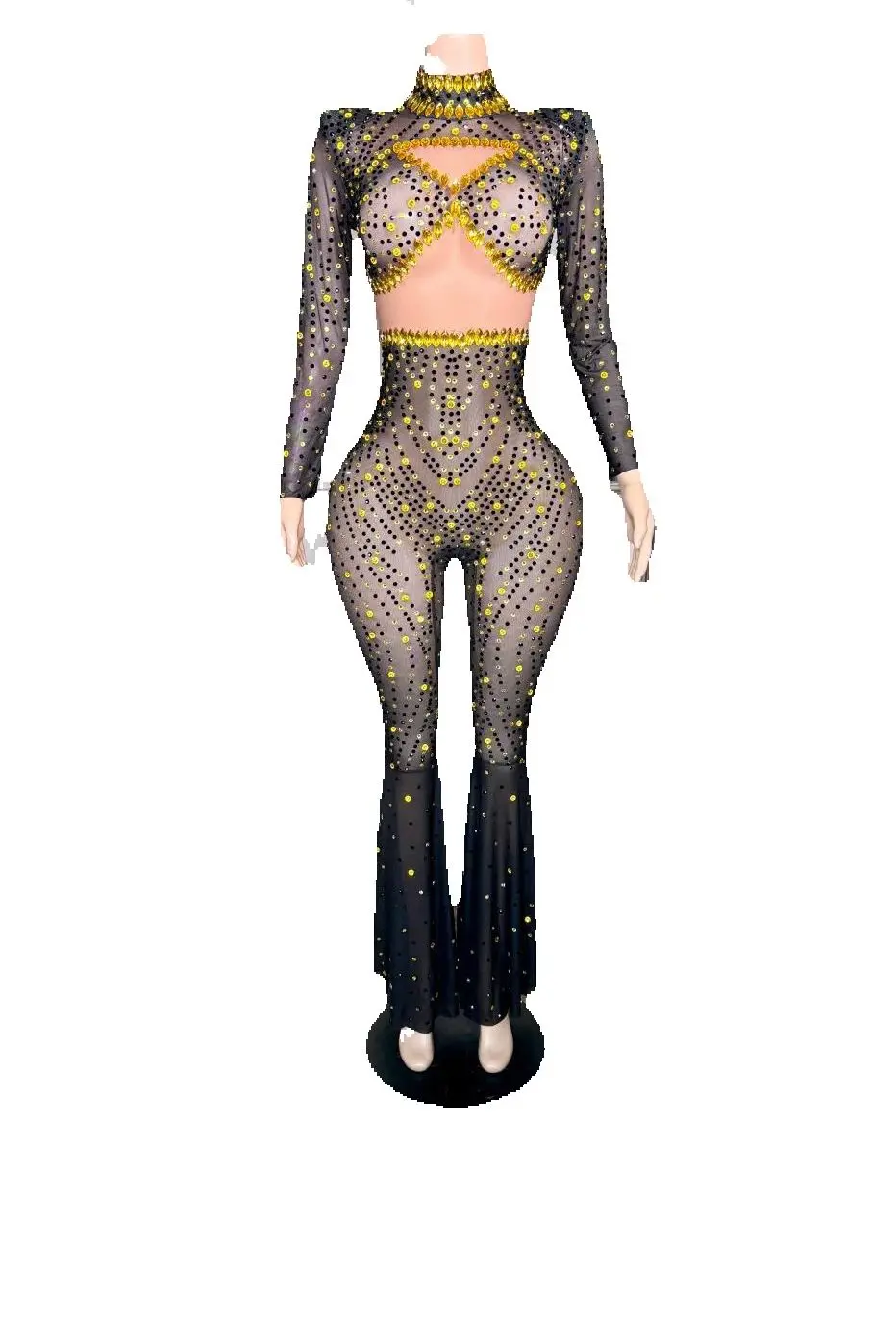 

ZD Stripper Exotic Dancer Leotard Women Party Rhinestone Jumpsuits Sexy Long Sleeves See Through Crystal Rompers