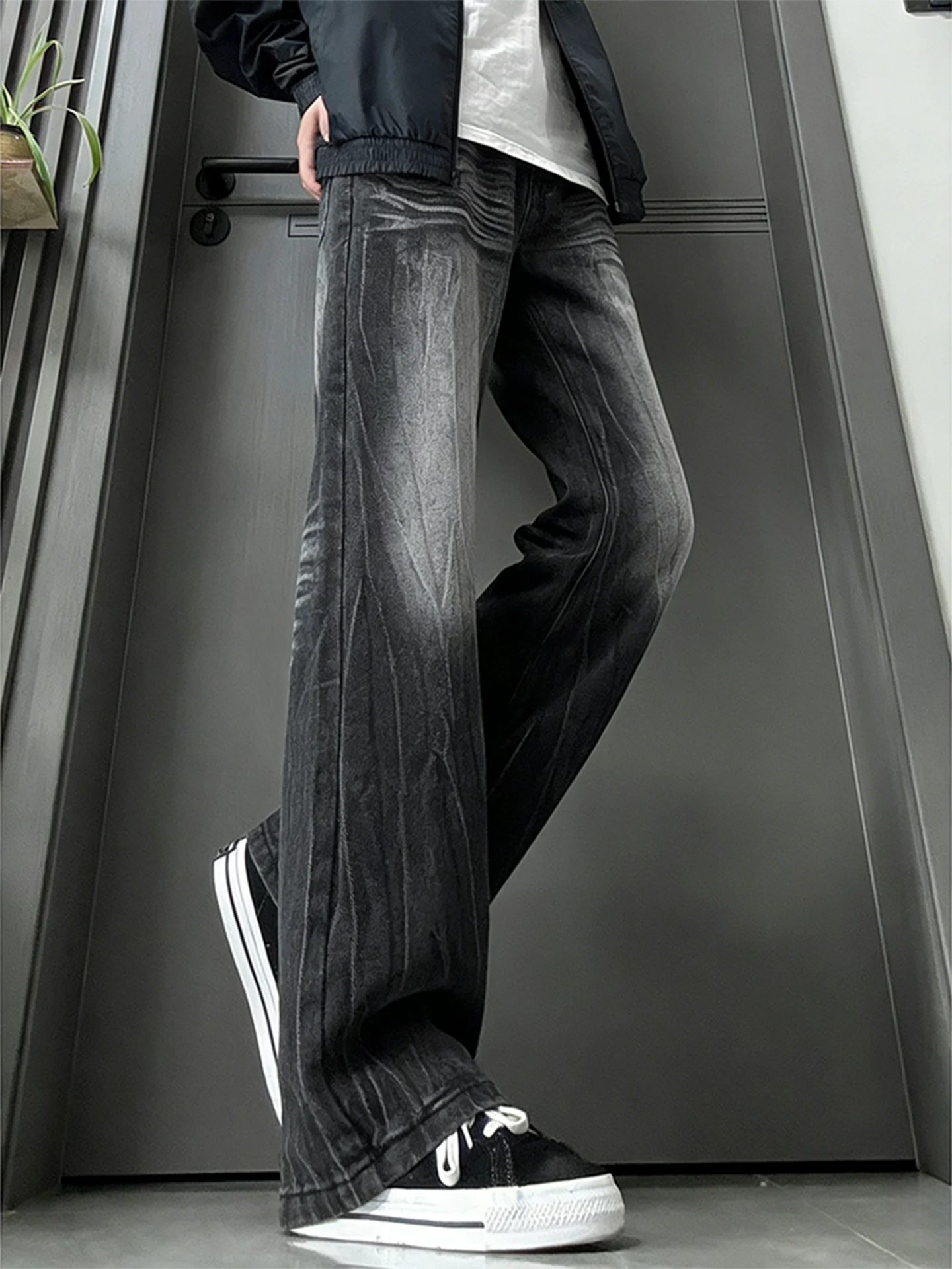 

Slim Fit Straight Leg Jeans Men's Sle American High Street Bla adient Thunderbolt Design Casual Cotton Polyester Jeans