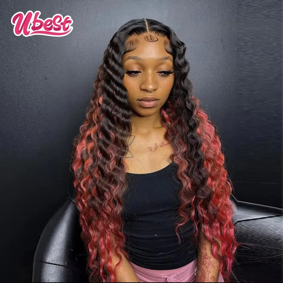 

Ubest 13X6 Transparent Lace Front Wigs Loose Deep 100％ Human Hair Highlights Pink Red Colored 5X5 Lace Wig Pre Plucked For Women