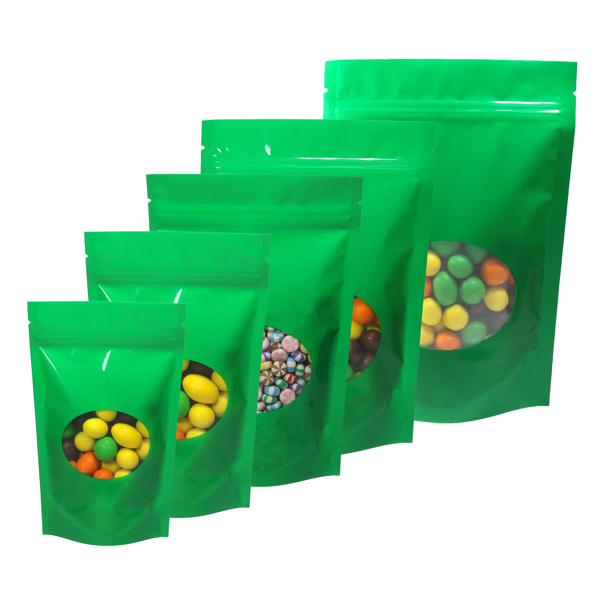 100Pcs Glossy Green  Coffee Packaging Bags Smell Proof  Clear Front Window  Biscuit Reusable Ziplock Edible Stand Up Mylar Bag