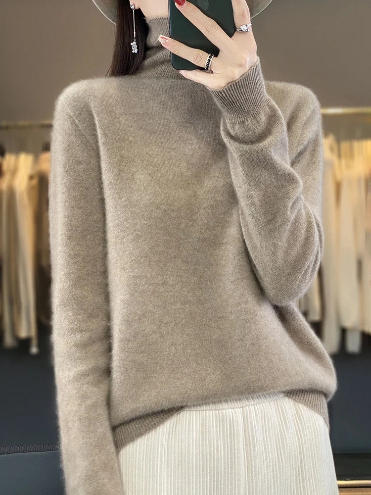 女性用カシミヤタートルネックセーター、ベーシックプルオーバー、100% メリノウール、単色、長袖、knitwear、女性用衣類、トップス、秋冬