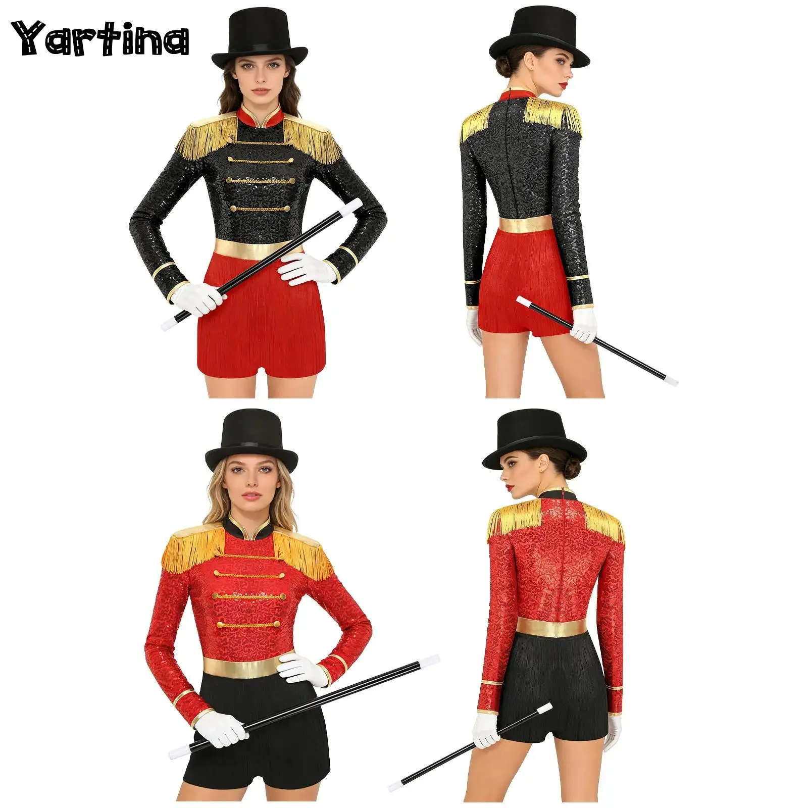 Disfraz de Maestra de Ceremonias de Circo para Mujer, Disfraz de Majorette, Baterista, Banda de Marcha, Mago, Body con Flecos y Borlas, con Guantes, Sombrero y Varita