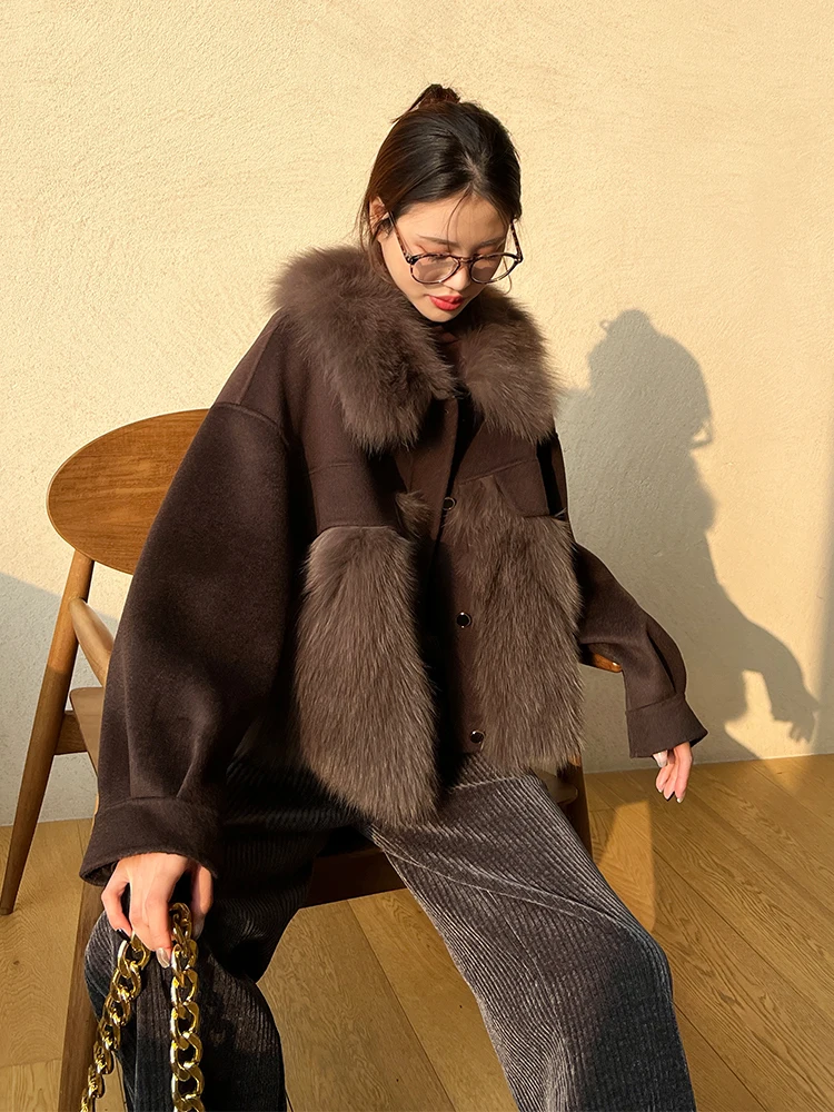 High Grade 100% Wool Fox Fur Collar Coat Women Winter Jacket Fashion Retro Coffee Color Wool Coats Female