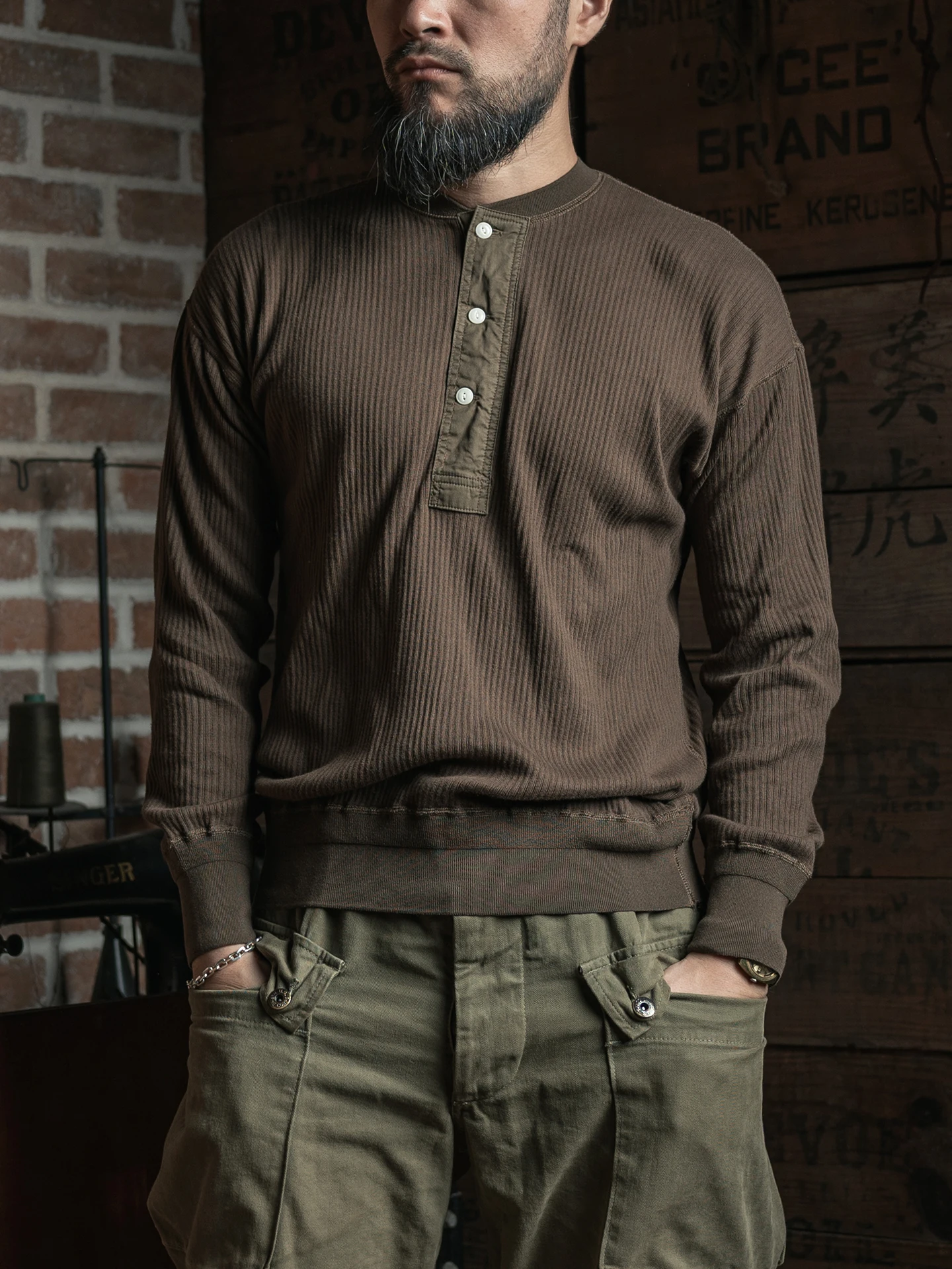 Rugged Bronson Vintage Long Sleeve Heavyweight Ribbed Henry Collar T-Shirt Loose Shoulder Pure Cotton Base Shirt